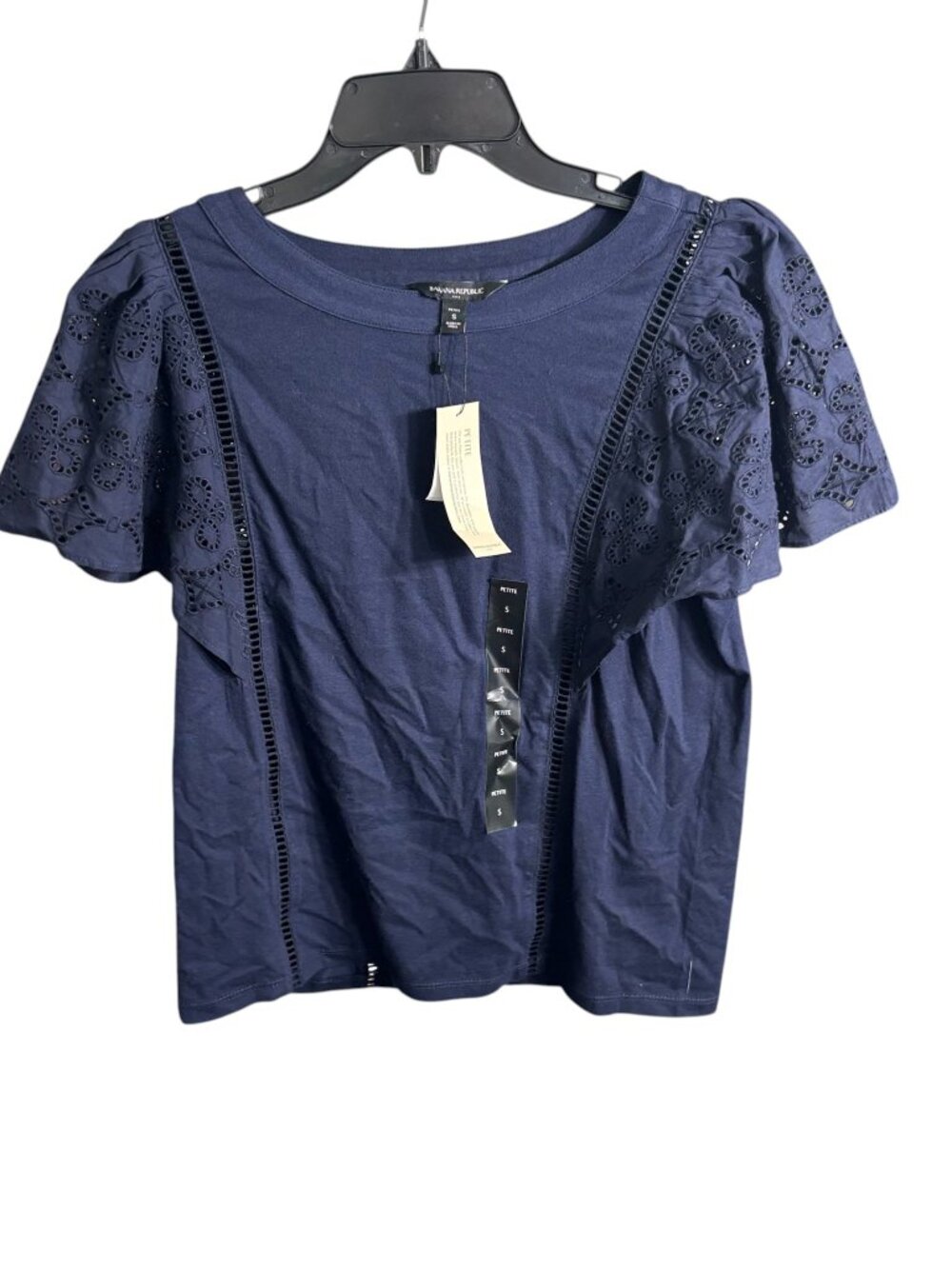 Banana Republic Blouse Puff Sleeve Eyelet Navy Size S Petite NWT